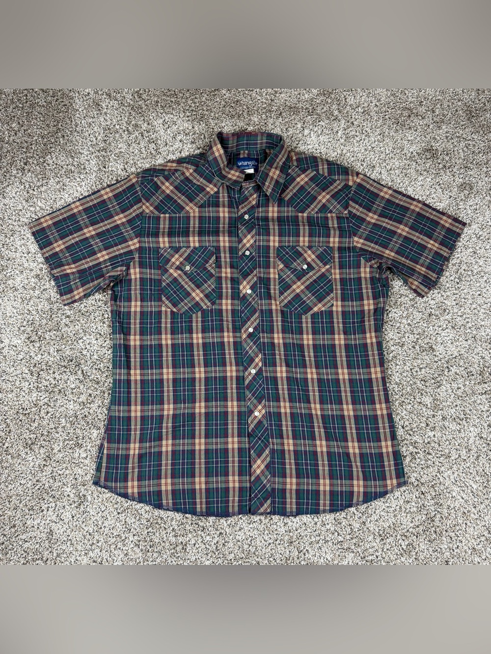Sz Large Men’s Wrangler Western Pearl Snap Button Up Short Sleeve Green Plaid